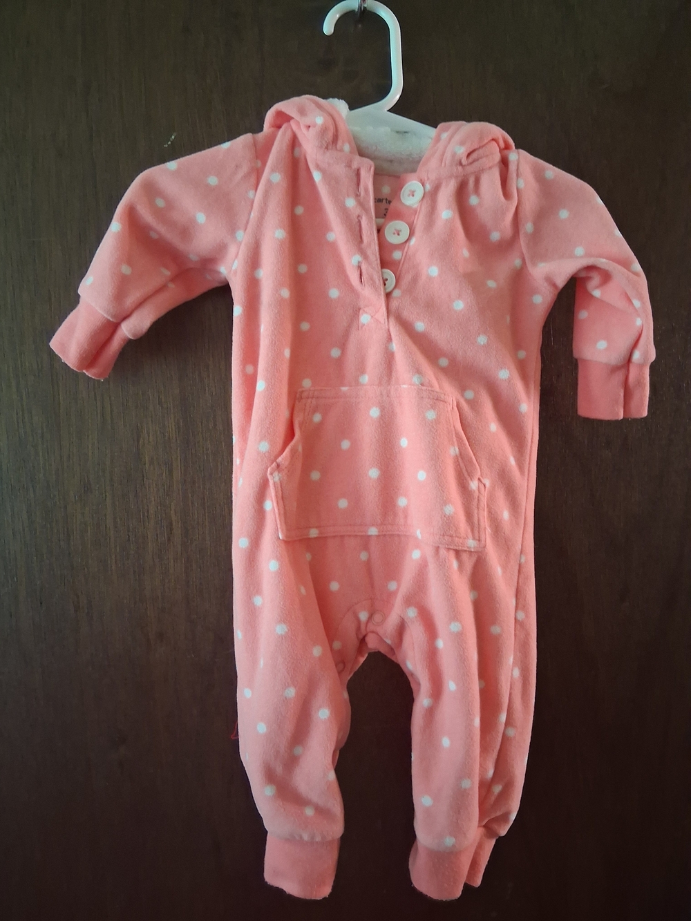 Carter's Coral Pink Polka Dot Hooded One-Piece Footie